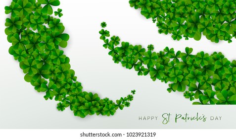 Happy Saint Patrick's Day background, greeting card with green and gold four and tree leaf clovers, modern geometric template, trendy paper art design. Vector illustration.