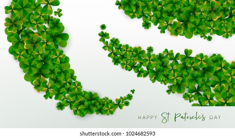 Happy Saint Patrick's Day background, greeting card with green and gold four and tree leaf clovers, modern geometric template, trendy paper art design. Vector illustration.