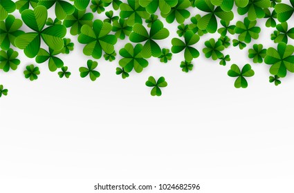 Happy Saint Patrick's Day background, greeting card with green and gold four and tree leaf clovers, modern geometric template, trendy paper art design. Vector illustration.