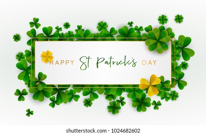 Happy Saint Patrick's Day background, greeting card with green and gold four and tree leaf clovers, modern geometric template, trendy paper art design. Vector illustration.