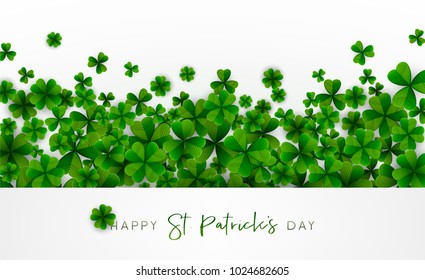 Happy Saint Patrick's Day background, greeting card with green and gold four and tree leaf clovers, modern geometric template, trendy paper art design. Vector illustration.