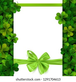 Happy Saint Patrick's Day background with shamrock leaves and green ribbon bow, vector illustration
