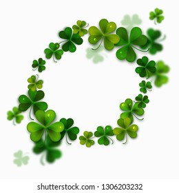 Happy Saint Patrick's Day background with realistic green shamrock leaves, advertisement, banner template, vector illustration