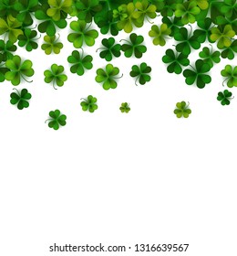 Happy Saint Patrick's day background with realistic shamrock leaves, decorative frame template, vector illustration