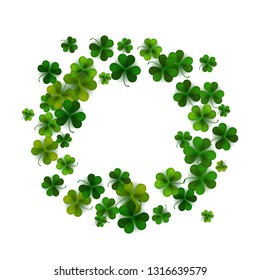 Happy Saint Patrick's day background with realistic shamrock leaves, decorative frame template, vector illustration