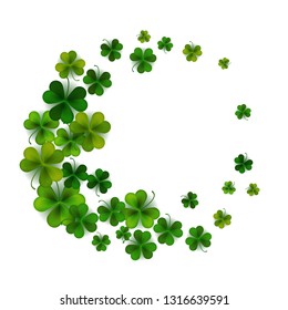 Happy Saint Patrick's day background with realistic shamrock leaves, decorative frame template, vector illustration