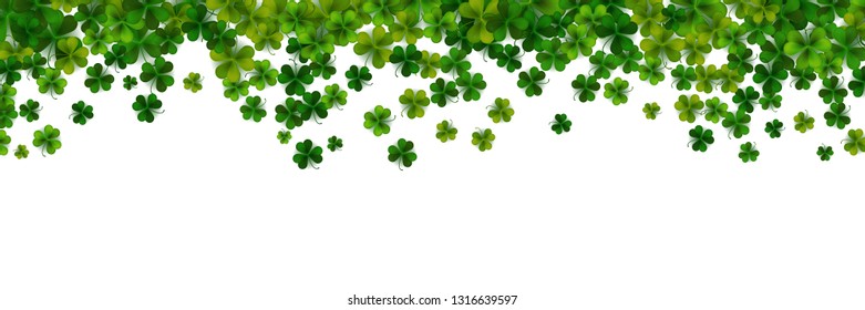 Happy Saint Patrick's day background with realistic shamrock leaves, decorative frame template, vector illustration