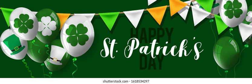 Happy Saint Patrick's Day background, greeting card with green four and tree leaf clovers.