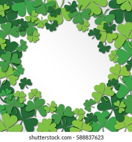Happy Saint Patrick's Day Background. Clover, shamrock in circle isolated on white background. Vector illustration.