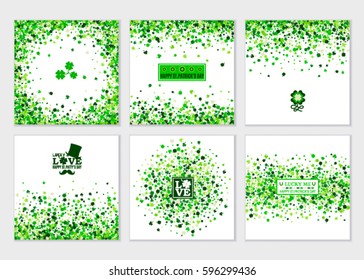 Happy Saint Patrick's Day background Set. Concept design kit in greenery colors with four leaved clovers isolated confetti. Vector illustration