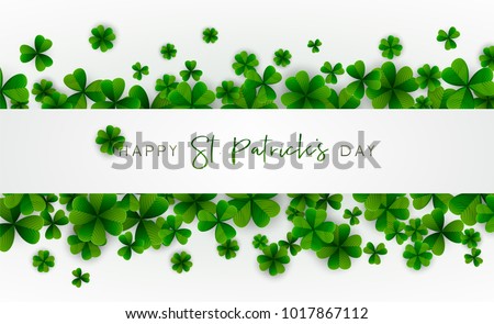 Happy Saint Patrick's Day background, greeting card with green four and tree leaf clovers, modern geometric template, trendy paper art design. Vector illustration.