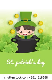 Happy Saint Patrick's Day background,poster and greeting card with green and gold four and tree leaf in paper cut style. 