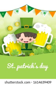 Happy Saint Patrick's Day background,poster and greeting card with green and gold four and tree leaf in paper cut style. 
