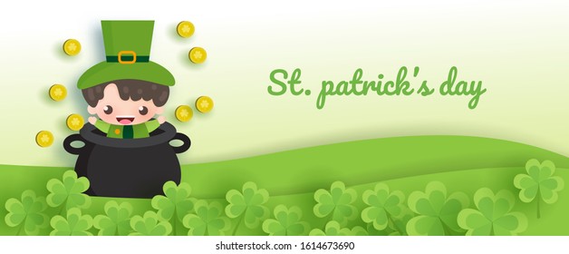 Happy Saint Patrick's Day background,poster and banner with green and gold four and tree leaf in paper cut style. 