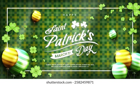 Happy Saint Patricks Day with balloons and realistic clover on wooden background. Suitable for banner, flyer, and greeting card.