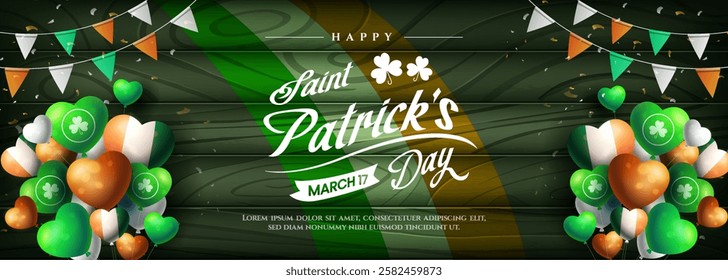 Happy Saint Patricks Day with balloons and realistic clover on wooden background. Suitable for banner, flyer, and greeting card.