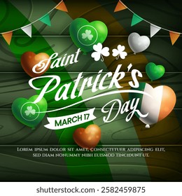 Happy Saint Patricks Day with balloons and realistic clover on wooden background. Suitable for banner, flyer, and greeting card.