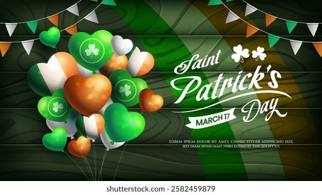 Happy Saint Patricks Day with balloons and realistic clover on wooden background. Suitable for banner, flyer, and greeting card.