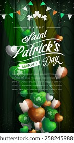 Happy Saint Patricks Day with balloons and realistic clover on wooden background. Suitable for banner, flyer, and greeting card.