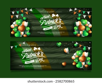 Happy Saint Patricks Day with balloons and realistic clover on wooden background. Suitable for banner, flyer, and greeting card.