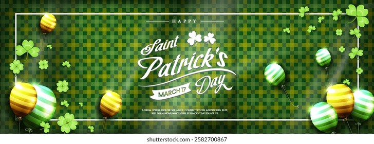 Happy Saint Patricks Day with balloons and realistic clover on wooden background. Suitable for banner, flyer, and greeting card.