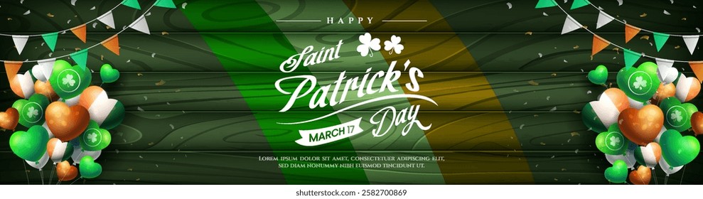 Happy Saint Patricks Day with balloons and realistic clover on wooden background. Suitable for banner, flyer, and greeting card.