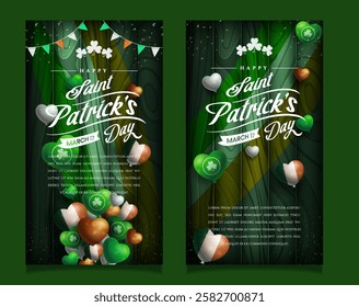 Happy Saint Patricks Day with balloons and realistic clover on wooden background. Suitable for banner, flyer, and greeting card.