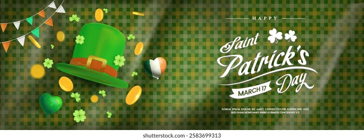 Happy Saint Patricks Day with balloons, hat and realistic clover on wooden background. Suitable for banner, flyer, and greeting card.