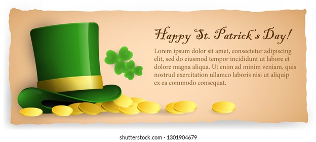 Happy Saint Patricks Day banner design. Inscription with sample text, leprechaun hat, golden coins on beige background. Can be used for postcards, invitations, greeting cards