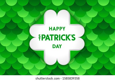 Happy Saint Patrick's Day banner template. Stylized clover from paper scrolls with folded four edges. Trendy vector design. 