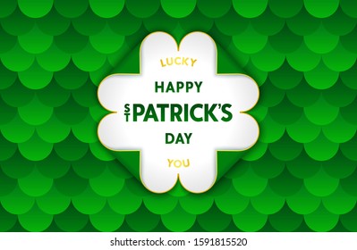 Happy Saint Patrick's Day banner template. Stylized clover from paper scrolls with folded four edges. Trendy vector design. 