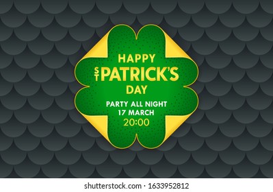 Happy Saint Patrick's Day banner template. Stylized clover from paper scrolls with folded four edges. Trendy vector design. 