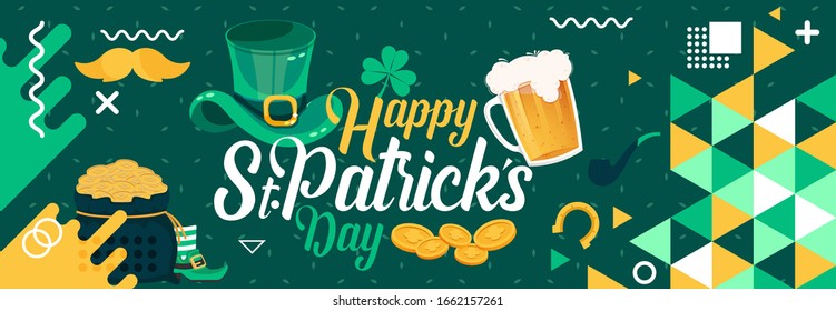 Happy Saint Patrick's day banner with St. Patrick icons like bear glass, cap, gold coins, horseshoe, mustache & leaf etc. St patricks green theme design with modern retro abstract Irish background.  