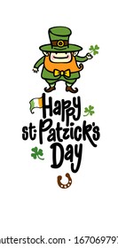 Happy Saint Patrick's Day banner concept. Cute hand drawn leprechaun  dressed in traditional costume and a hat on his head. Happy St. Patrick's text lettering. Editable EPS vector