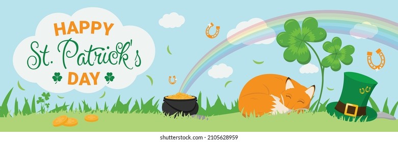 Happy Saint Patrick's Day banner with clover leaves, cute slipping red fox, leprechaun hat, pot of gold coins and rainbow. Irish holiday concept with spring landscape. Flat design vector illustration