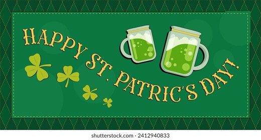 Afiche del Feliz Día de San Patricio con saludo de texto, tazas con cerveza verde y trébol de tres hojas, afiche, postal e invitación. Ilustración vectorial.