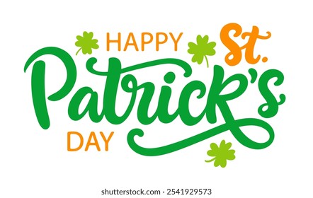 Feliz día de San Patricio Anuncio con letras a mano. Texto de caligrafía moderna escrita a mano. Ilustración vectorial