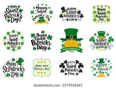 Happy Saint Patricks day banner set with handwritten typography, shamrocks, and a leprechaun hat. Green, black, and gold design perfect for holiday decorations, greeting cards, and printables.