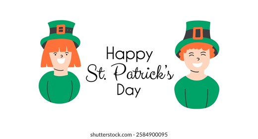 Happy Saint Patrick's Day banner with kids with leprechaun hats