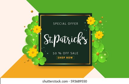 Happy Saint Patricks Day of banner sale vector background with lettering and clover leaves. Vector illustration.Advertising of St. Patrick's day.