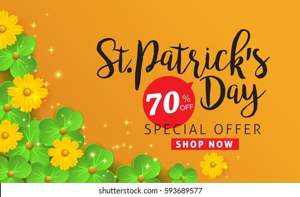 Happy Saint Patricks Day of banner sale vector background with lettering and clover leaves. Vector illustration.Advertising of St. Patrick's day.