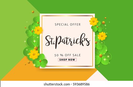 Happy Saint Patricks Day of banner sale vector background with lettering and clover leaves. Vector illustration.Advertising of St. Patrick's day.