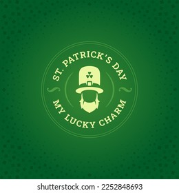 Happy Saint Patrick's Day bearded leprechaun in hat vintage greeting card typographic template vector illustration. Irish traditional holiday circle label lucky clover event celebration green design