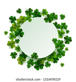 Happy Saint Patrick's day, blank paper banner on shamrock leaves background, vector illustration