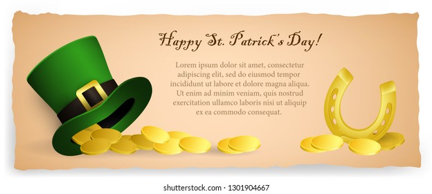 Happy Saint Patricks Day bright banner design. Inscription with sample text and leprechaun hat, golden coins and horseshoe on beige background. Can be used for postcards, invitations, greeting cards