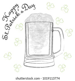 Happy Saint Patrick's Day card with beer mug and clover leaflets. Grunge ghaphic vector illustration