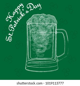 Happy Saint Patrick's Day card with beer mug and clover leaflets. Grunge ghaphic vector illustration