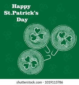 Happy Saint Patrick's Day card with beer mug and clover leaflets. Grunge ghaphic vector illustration