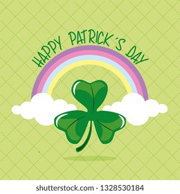 Happy saint patricks day card clover on cloud with rainbow vector image digital illustration