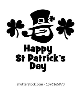 Happy Saint Patrick's Day card with text, Leprechaun face and two leaves of clover. Hand drawn black vector illustration isolated on white background.